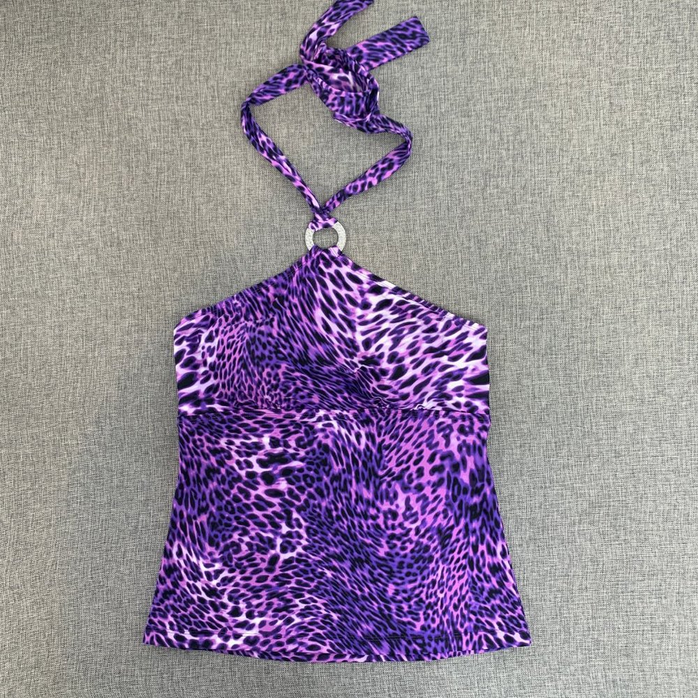 Dana Buchman‎ Purple Leopard Halter Tankini with Silver Ring Size 8